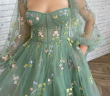LANFUBEISI Green Prom Dresses Summer Puff Sleeve Tulle Tea Length A-Line Party Dress Sexy Appliques Wedding Evening Gowns LANFUBEISI