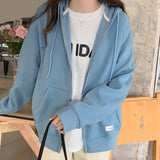 Autumn Chic Zip-up Hoodies Female Casual Street Loose Thin Blue Gray Apricot Sweatshirt Pocket Hooded Women Cardigans LANFUBEISI