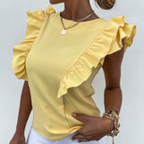 Elegant Women Solid Ruffle Blouses Shirts Sexy Back Hollow Out Tie-Up Bow Shirt Tops Office Lady O Neck Sleeveless Design Blusas LANFUBEISI