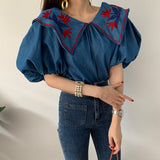 LANFUBEISI Vintage Ethnic Style Flower Embroidey Blouses Women 2020 Summer Lantern Sleeve Loose Denim Shirt Femme Tops Blusas LANFUBEISI