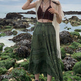 Women Y2k Chic Vintage Pleated Skirts Print Lace-Up A Line Long Skirt Grunge Fairycore Boho Beach Holiday Skirt Retro Streetwear LANFUBEISI
