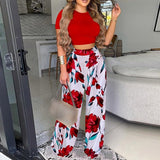 Summer Women Two Piece Sets Elegant Print Office Lady Outfits Elegant O Neck Short Sleeve Shirt Pullover + Wide Leg Pants Suits LANFUBEISI