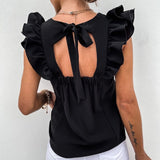 Elegant Women Solid Ruffle Blouses Shirts Sexy Back Hollow Out Tie-Up Bow Shirt Tops Office Lady O Neck Sleeveless Design Blusas LANFUBEISI