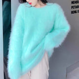 LANFUBEISI 2022 New High Quality Women Soft Mohair Knitted Sweater Autumn Winter Long Sleeve Mink Cashmere Thick Warm Loose Jumper Pullover LANFUBEISI