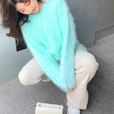 LANFUBEISI 2022 New High Quality Women Soft Mohair Knitted Sweater Autumn Winter Long Sleeve Mink Cashmere Thick Warm Loose Jumper Pullover LANFUBEISI