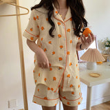 LANFUBEISI Cotton Home Suits Korean Sleepwear Orange Print Pajamas for Women Summer Pyjamas Girls Pijama Short and Long Sleeve Pjs Lanfubeisi