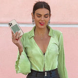 LANFUBEISI Green Vintage Flare Sleeve Top Shirt Y2K Button up V Neck Blouse Aesthetic Korean Fashion Streetwear Women's Shirts LANFUBEISI