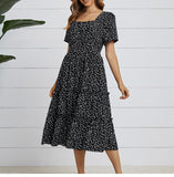 LANFUBEISI Summer Love Pattern Dot Print Dress Women 2022 New Casual Short Sleeve Square Collar Ruffles Medium Long Chiffon Dress LANFUBEISI