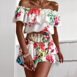 Sexy Off Shoulder Ruffle Mini Dresses Women Elegant Slash Neck Summer Beach Dress Casual Vintage Floral Print Ladies Party Dress LANFUBEISI