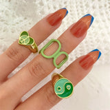 LANFUBEISI Vintage 6Pcs Green Embrace Hands Rings Set For Women Metal Paint Coating Creative INS Style Love Heart Ring Fashion Jewelry LANFUBEISI