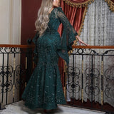 New Arrival Green Sexy Party Wear Dress Long Sleeve Mermaid Prom Dress Sequin Beaded Lace Evening Dress LANFUBEISI