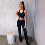 Vamos Todos 21S Hot Solid Crop Tank Shirring Neck Sling Two Pieces Sets Women Pants Outfit Sexy Tracksuits Casual Girls Leggings LANFUBEISI