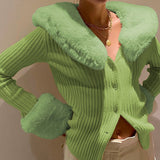 LANFUBEISI Fashion Fluffy Faux Fur Knitted Top Coats Women Autumn Winter Button Up Long Sleeve Warm Overcoats Casual High Street Jackets LANFUBEISI