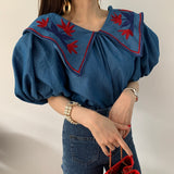 LANFUBEISI Vintage Ethnic Style Flower Embroidey Blouses Women 2020 Summer Lantern Sleeve Loose Denim Shirt Femme Tops Blusas LANFUBEISI