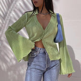 LANFUBEISI Green Vintage Flare Sleeve Top Shirt Y2K Button up V Neck Blouse Aesthetic Korean Fashion Streetwear Women's Shirts LANFUBEISI