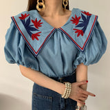 LANFUBEISI Vintage Ethnic Style Flower Embroidey Blouses Women 2020 Summer Lantern Sleeve Loose Denim Shirt Femme Tops Blusas LANFUBEISI