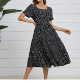 LANFUBEISI Summer Love Pattern Dot Print Dress Women 2022 New Casual Short Sleeve Square Collar Ruffles Medium Long Chiffon Dress LANFUBEISI