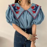 LANFUBEISI Vintage Ethnic Style Flower Embroidey Blouses Women 2020 Summer Lantern Sleeve Loose Denim Shirt Femme Tops Blusas LANFUBEISI