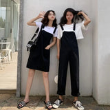 LANFUBEISI Korean Version Of Woman's Denim Overalls + Thin Sloppy Skirt Girlfriend Skirt Pure Black And Yellow Wild Preppy Style Jumpsuits