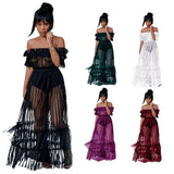 LANFUBEISI Plus Size 3xl Women Ruffle Sexy Off Shoulder Mesh Swimsuits Cover-Ups Sheer See Through Bikini Cover Up Tulle Beach Long Dress