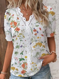 LANFUBEISI Casual V Neck Lace Hollow Out Shirt Blouse Office Lady Summer Elegant Floral Print Short Sleeve Shirts For Women White Tops