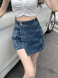 LANFUBEISI Y2K Vintage Women Korean Button Blue Short Denim Pants Mini Shorts Aesthetic Fairy Grunge High Waist Jeans A-line Alt Clothes