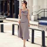 Elegant Sling Satin Dresses For Women Summer Sleeveless Folds Purple Long Dress Vestidos LANFUBEISI