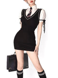 Preppy Style Vest Dress Women Two Piece Set Cute Sexy Korean Puff Sleeve Shirt Black Slim Mini Dress School Uniform
