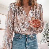 Spring Women Popular Sequins V Neck Blouse Office Lady Elegant Lantern Sleeve Shirt New Autumn Fashion Slim Tops Pullover LANFUBEISI