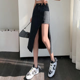 New Korean Fashion Sexy Splicing Asymmetry Split Woman Skirts Womens Medium-long Jean Skirt Casual Female Girls Denim Skirt LANFUBEISI