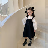 LANFUBEISI Girls spring fashion white blouse and black overalls dress Kids all-match Outfits 2pcs sets