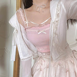 Pink Japanese Kawaii Lolita Crop Top Women White Korean College Style Sweet Tank Top Bow Lace France Princess Vset Female 2022 LANFUBEISI