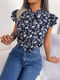 Casual V Neck Short Sleeve Shirt Blouse Office Lady Spring Summer Fashion Elegant Floral Print Lace Up Shirts For Women 2023 LANFUBEISI