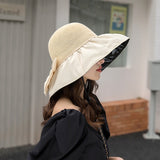 Summer New Women Bucket Hat UV Protection Sun Hats Solid Color Soft Foldable Wide Brim Outdoor Beach Panama Cap Ponytail Caps LANFUBEISI