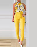 Sexy Off Shoulder Sleeveless Shirt Pants Set Office Lady Casual Floral Print Tops Solid Trousers Two Piece Set Women Outfit 2023 LANFUBEISI