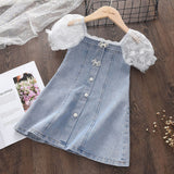 LANFUBEISI Baby Girl Clothes Menoea 2022 Princess Denim Dresses for Baby Girl Clothing New Summer Toddler Pearl Lace Patchwork Princess Dress for Kids 2-7Y LANFUBEISI