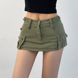 Denim Cargo Mini Skirt Women Korean Style Low Waist Slim Sexy Vintage Streetwear Green Jean Skirt Y2k Girl Summer LANFUBEISI
