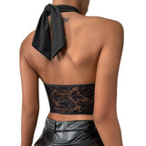 Sexy Lace Spliced Cross Halter Bustiers Crop Tops Women Cut Out Plunge V Tank Tops Party Club Summer Backless Vest LANFUBEISI