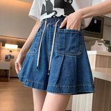 LANFUBEISI Y2K Summer Women Vintage Blue Korean Denim Shorts High Waist Knee Length Wide Leg Baggy Pockets Short Pants Harajuku Clothes