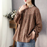 Women Long Sleeve Casual Shirts New 2022 Spring Vintage Style Lace Collar Floral Print Loose Female Cotton Tops Shirt D147 LANFUBEISI