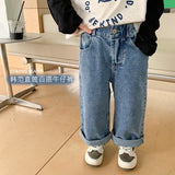 Spring Unisex Kids fashion all-match straight jeans 1-8Years boys trousers girls loose denim pants LANFUBEISI