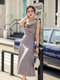 Elegant Sling Satin Dresses For Women Summer Sleeveless Folds Purple Long Dress Vestidos LANFUBEISI