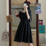 Preppy Style Dresses Women Black Elastic Waist A-line Puff Sleeve Kawaii Cute Dress Summer School Girl Casual Fashion LANFUBEISI