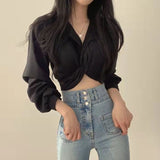 Vintage Streetwear Harajuku Sexy Women Blouse Crop Top Korean Style Trends Black White Long Sleeve Shirt Female Tunic Chic LANFUBEISI