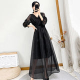 Lucyever Korean V-neck Maxi Dresses for Women Elegant Chic High Waist Party Midi Dress Woman Summer Solid A-line Dress LANFUBEISI