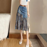 Lucyever Summer Irregular Jeans Skirts Women Korean Fashion High Waist Patchwork Tulle Skirt Woman Y2K Pockets Long Denim Skirts LANFUBEISI