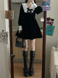 Kawaii Bow Dress Women Japanese Preppy Style Long Sleeve Mini Dresses Black Goth Vintage Lolita Outfits Sweet Streetwear LANFUBEISI