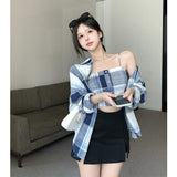 Spring Simplicity Plaid Turn-down Collar Long Sleeve Blouse Women Clothes Casual Buttons Slim Sling T-Shirt Two-piece Dress Tops LANFUBEISI