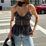 Sexy Black Mesh See-Through Crop Tops V-Neck Front Tie Up Ruffles Camis Summer Holiday Backless Vest Tops Y2K LANFUBEISI