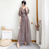 Lucyever Korean V-neck Maxi Dresses for Women Elegant Chic High Waist Party Midi Dress Woman Summer Solid A-line Dress LANFUBEISI